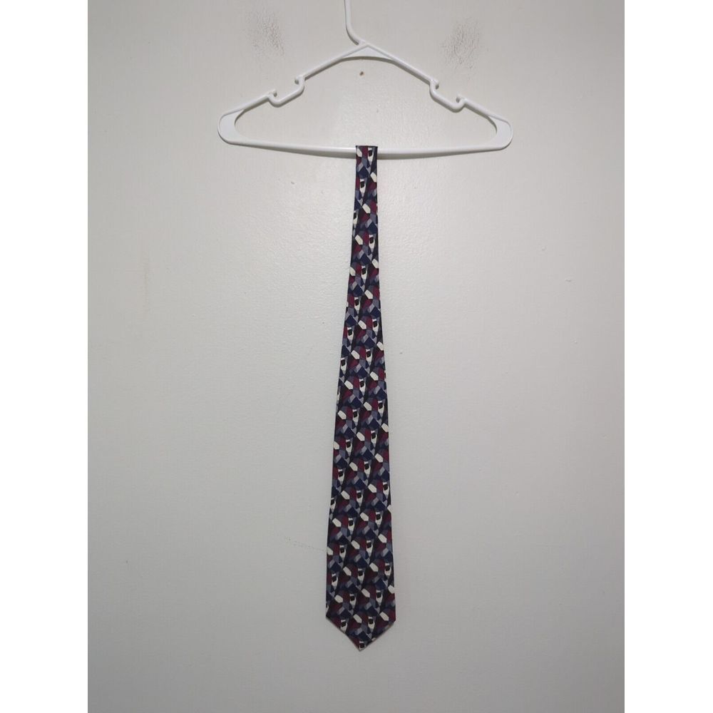 Mulberry Mens Silk Tie Geometric Mosaic Navy Burgundy Grey Made in Italy‎
